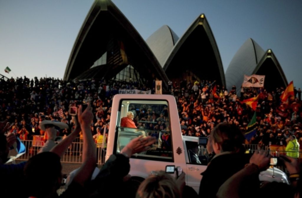 Juli 2008: Der Papst nimmt am Weltjugendtag in Sydney, Australien, teil.