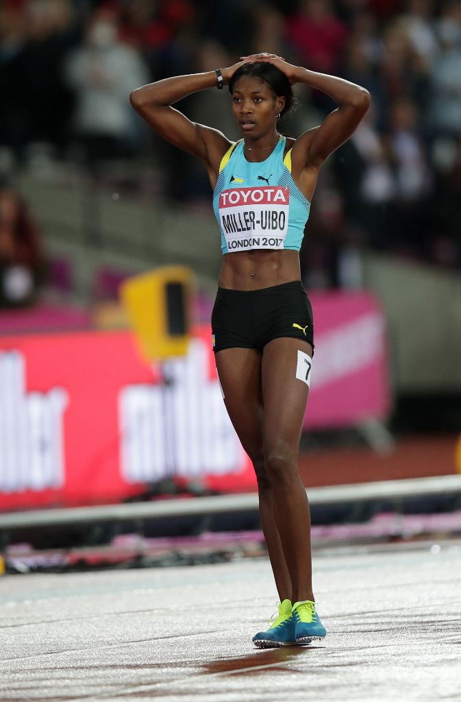 Shaunae Miller-Uibo:Mit langen Schritten bog die Olympiasiegerin von den Bahamas im 400-Meter-Finale als Führende in die Zielgerade ein. Doch kurz vor der Ziellinie geriet sie ins Stocken.