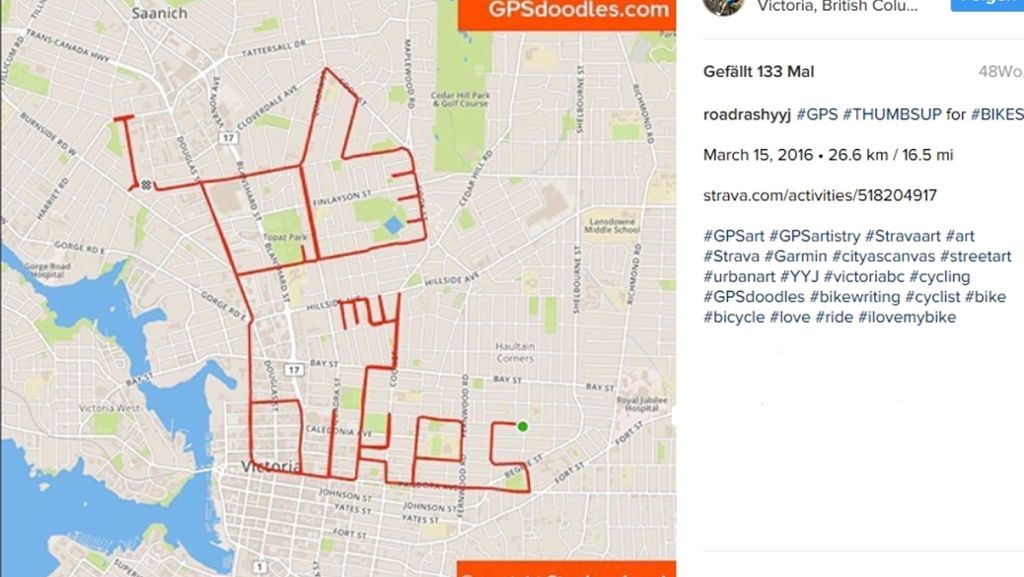 Street-Art auf Instagram: Stephen Lund malt GPS-Bilder mit dem Fahrrad