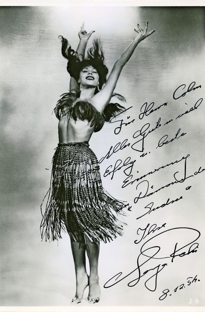 Widmung der Tänzerin und Schauspielerin Laya Raki für den Kinobesitzer Colm im Jahr 1954.
