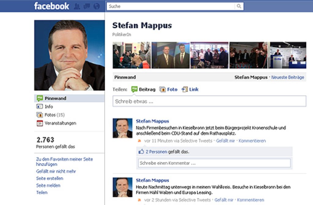 Der Facebook-Auftritt von Ministerpräsident Stefan Mappus (CDU). Auch sein ...