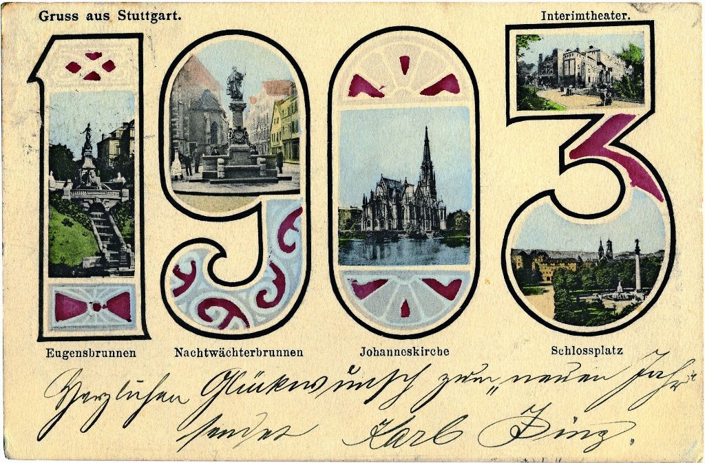 Stuttgarts Sehenswürdigkeiten von einst sind auf der Karte zum neuen Jahr 1903 zu sehen.