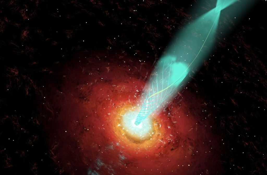 Die Computergrafik zeigt ein schwarzes Loch, während es Gas ins Weltall schleudert und dabei eine spiralförmige Spur hinterlässt.