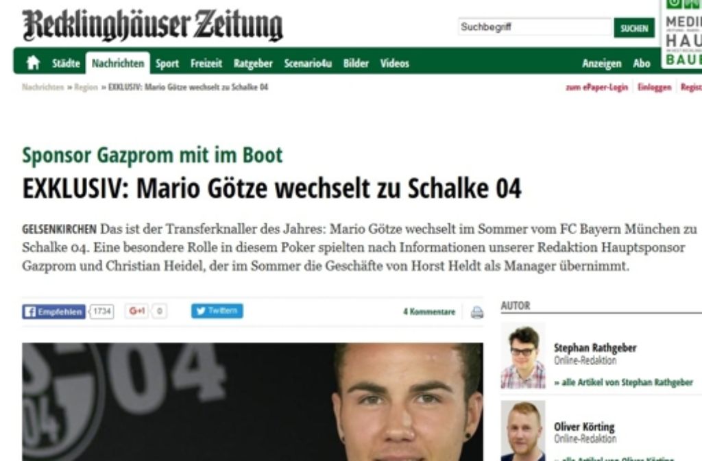 Der Wechsel-Knaller: Laut Recklinghäuser-Zeitung wechselt Bayern-Star Mario Götze im Sommer zu Schalke 04. Der Vertrag des 23-Jährigen soll bis 2021 laufen. Nach Aussagen aus dem Umfeld des Spielers soll die Ablösesumme bei 29,4 Millionen Euro liegen. Alle weiteren Informationen finde Sie hier: http://www.recklinghaeuser-zeitung.de/nachrichten/region/Sponsor-Gazprom-mit-im-Boot-EXKLUSIV-Mario-Goetze-wechselt-zu-Schalke-04;art999,1763755