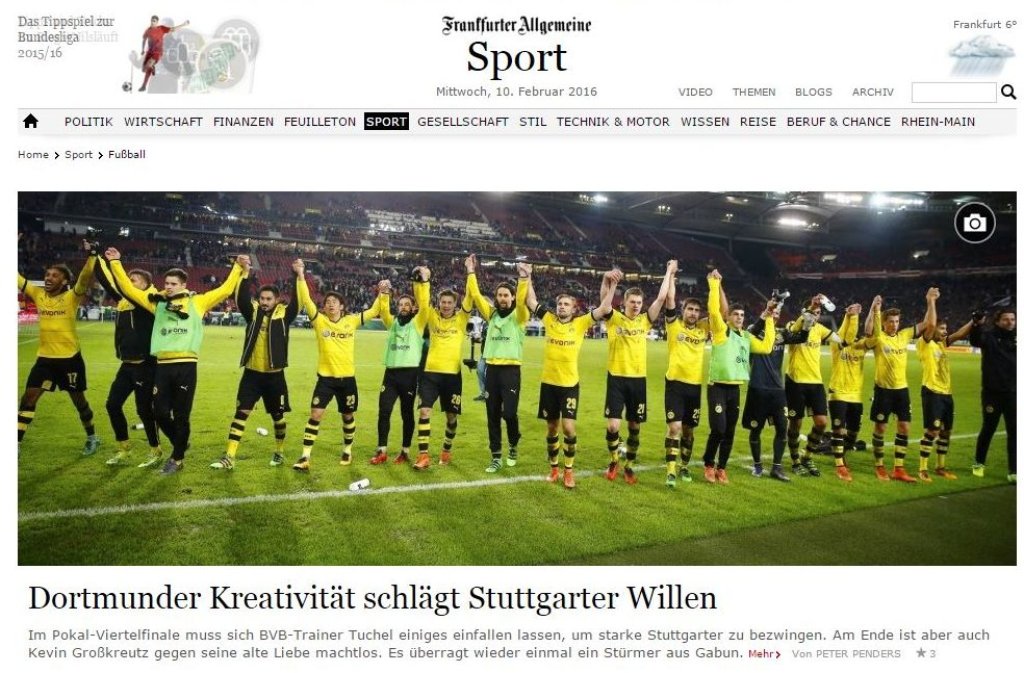 "Dortmunder Kreativität schlägt Stuttgarter Willen", titelt die Online-Ausgabe der "FAZ" zum Dortmunder Pokalsieg in Stuttgart am Dienstagabend. Weitere Pressestimmen zeigt die Bilderstrecke.