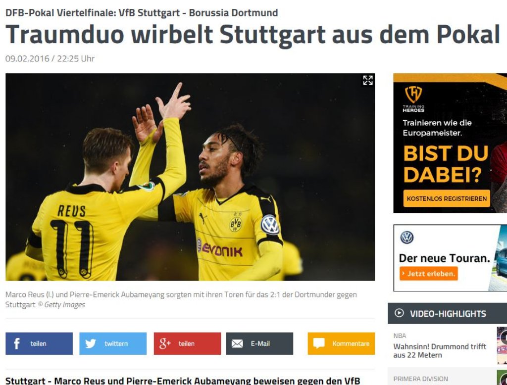 ... "sport1" das Dortmunder Traumduo Marco Reus und Pierre-Emerick Aubameyang bejubelt.