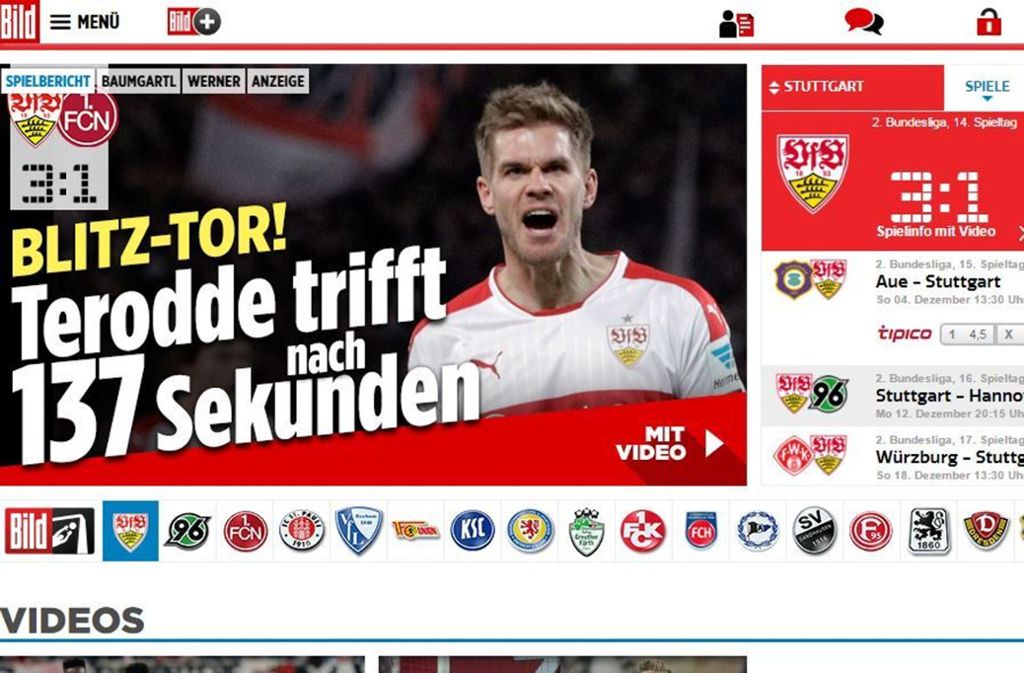 Blitztor nach 137 Sekunden – die Bild-Zeitung legt den Fokus auf die Schnellstarter vom VfB, die bereits sieben Tore in den ersten 15 Minuten erzielt haben.