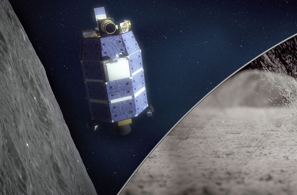 Diese künstlerische Darstellung zeigt den Mondorbiter (linke Bildhälfte) und einen Meotoriteneinschlag auf dem Mond, der Wasser freisetzt und aufspritzen lässt.
