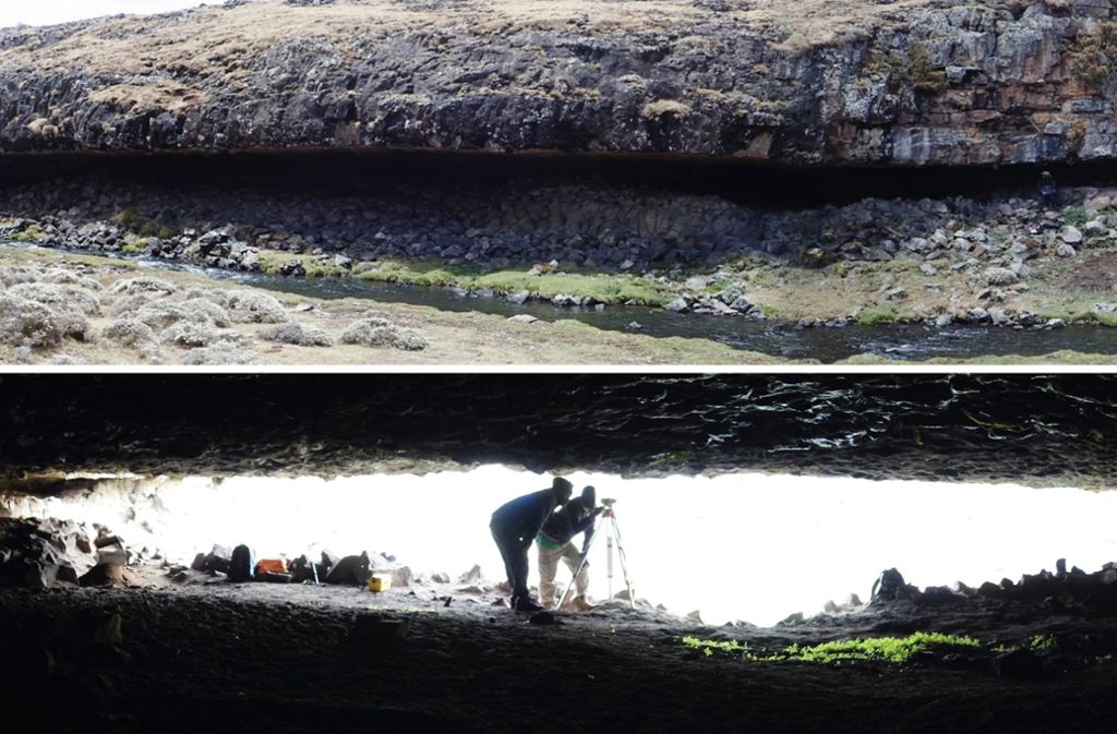 Ein Felsüberhang im Bale-Gebirge, unter dem eine Art Basiscamp von Steinzeitmenschen entdeckt wurde. Oben eine Aufnahme von Außen, unten eine, die von Innen nach Außen gemacht wurde.