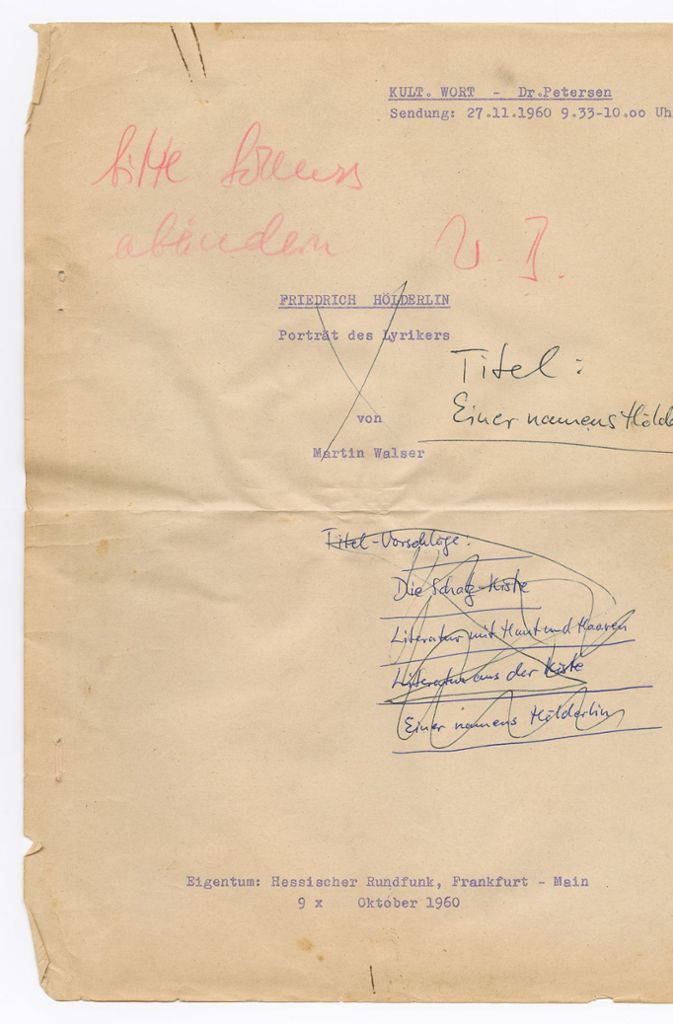 Martin Walsers Titelentwürfe zu seinem Hölderlin-Beitrag für den Rundfunk, 1960.
