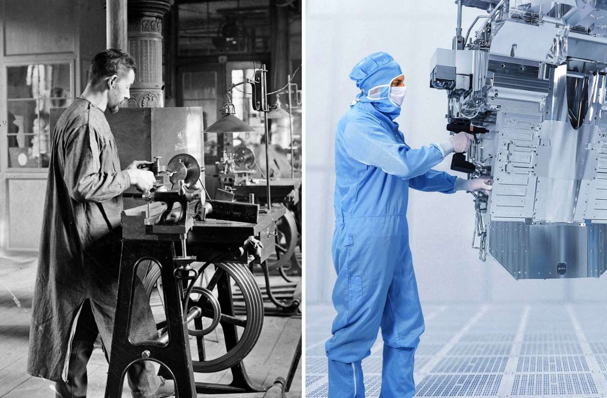 Hightech gestern und heute: Das linke Bild zeigt eine Optiker-Drehbank um 1900. Rechts ist die allerneuste Lithografie zu sehen, die einen Technologiesprung bei der Fertigung von Chips bringt.