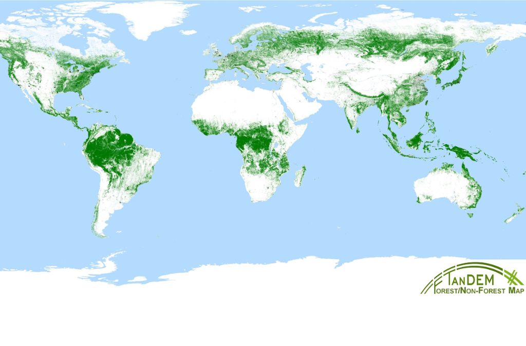 Auf der Weltkarte aus Satellitendaten ist die Ausdehnung bewaldeter Flächen dargestellt.
