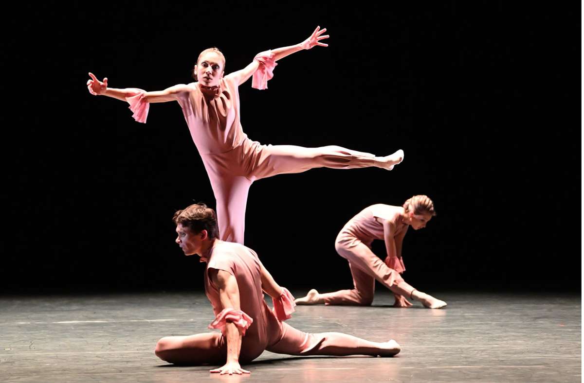 Harlekins in Rosarot: Szene aus Shaked Hellers neuem Ballett „Agoloy“ mit Louis Stiens und Paula Rezende