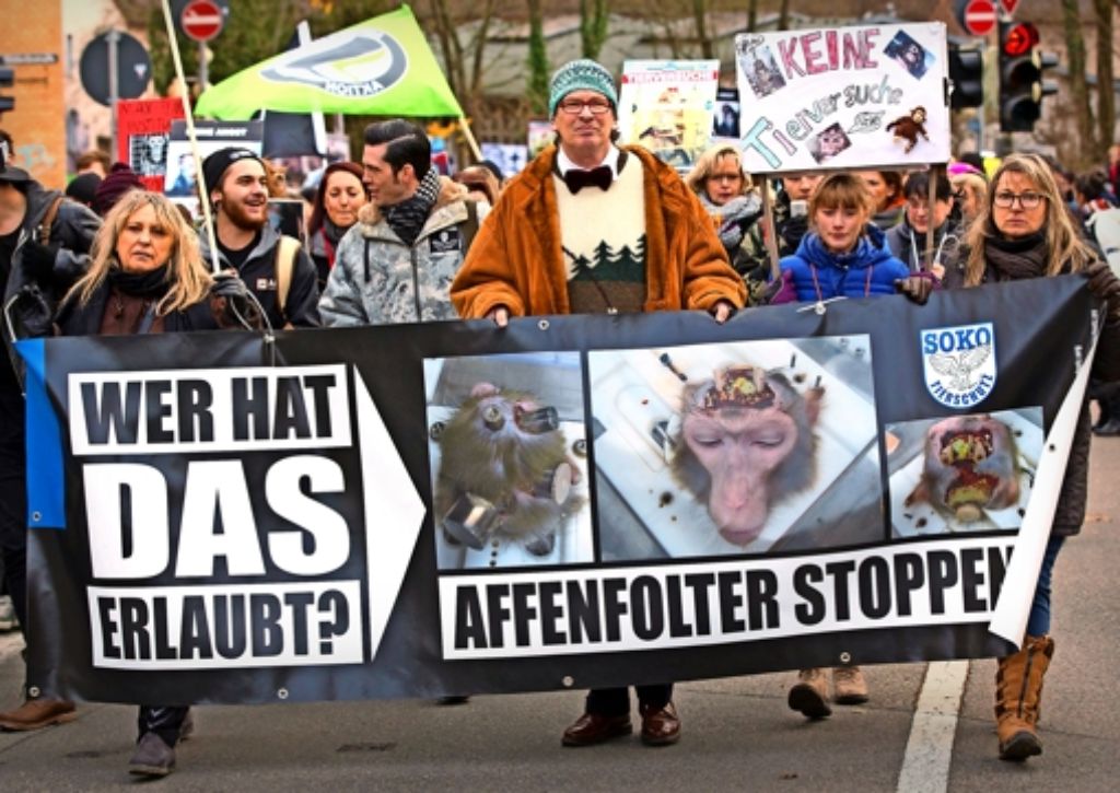 Tierschützer demonstrieren kurz vor Weihnachten in Tübingen gegen den Einsatz von Affen in der Forschung. Foto: dpa