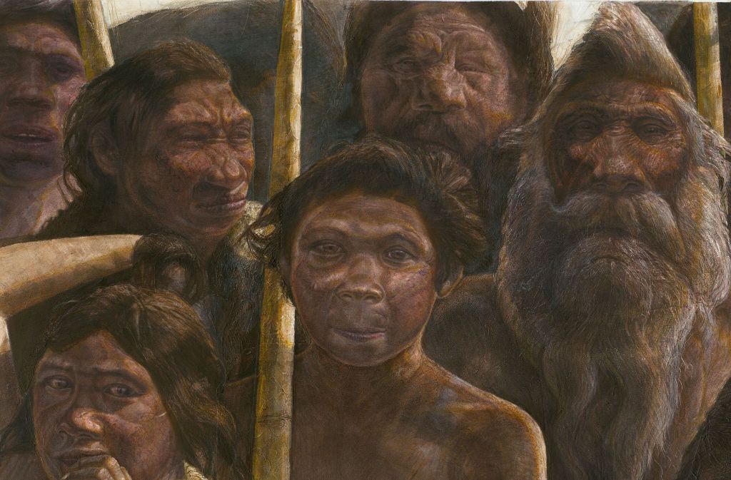 Nachbildung von Steinheimer Urmenschen („Homo heidelbergensis“), die während der Holstein-Warmzeit vor 415 000 bis 400 000 Jahren lebten.