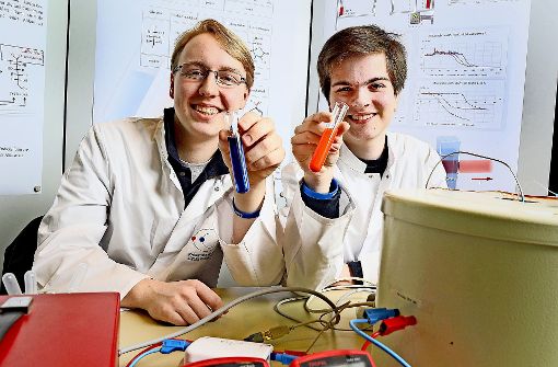 Johannes Waller (links) und Philipp Kessler zeigen Reagenz-Gläser der sogenannten Fehling-Probe. Foto: privat