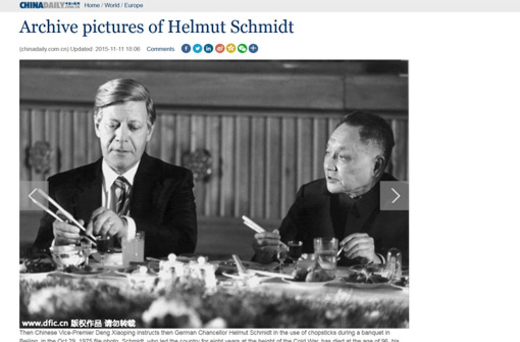 "China Daily" zeigt viele tolle und alte Bilder von Helmut Schmidt.