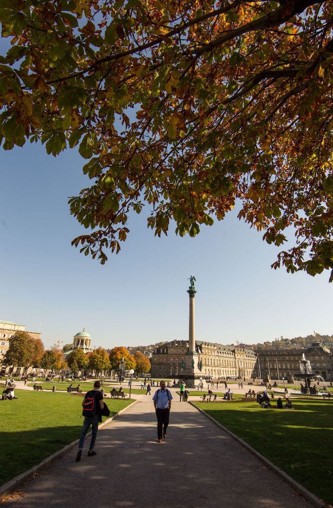 An diesen Tagen zeigt sich der Herbst in Stuttgart von seiner schönsten Seite – und taucht den Schlossplatz in warmes goldenes Licht.