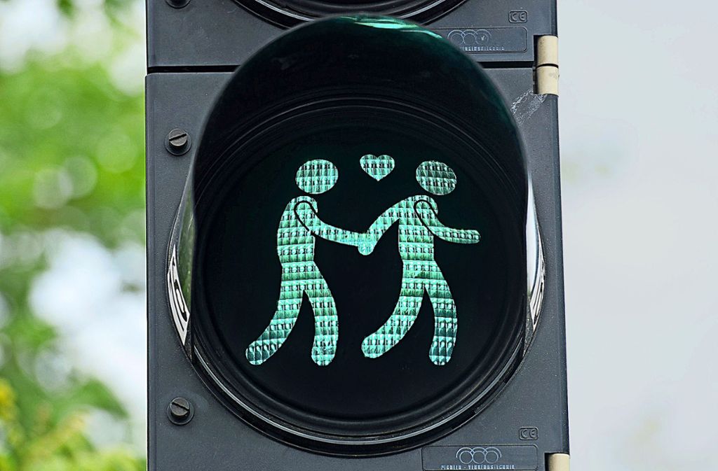 Ein schwules Paar auf der Vielfalt-Ampel in Wien.