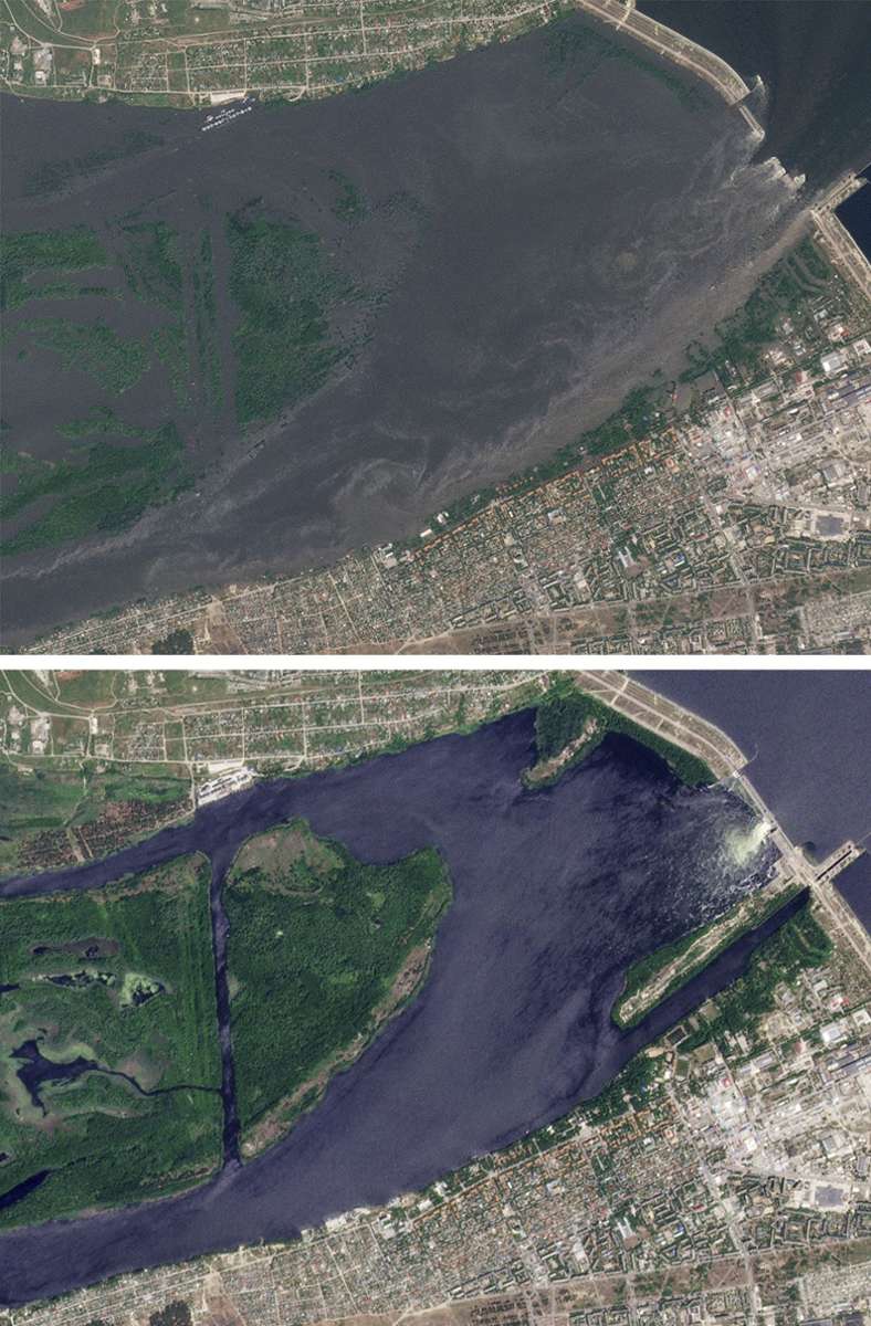 Die am 8. Juli 2023 von Planet Labs herausgegebenen Aufnahmen zeigen den Dnipro bei Korsunka vor (oben, 5. Juli) und nach (unten, 6. Juli) der Zerstörung des Damms in Nowa Kachowka.