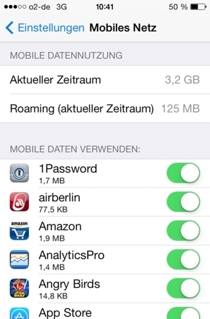 Stets den Datenverbrauch im Blick: Unter iOS 7 entscheidet der Nutzer, welche Apps auf die mobile Datenverbindung zugreifen dürfen.