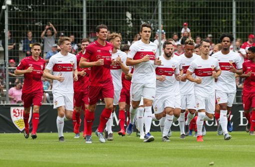 Das erste Mal stehen die VfB-Spieler mit den neuen Trikots auf dem Platz. Foto: Pressefoto Baumann