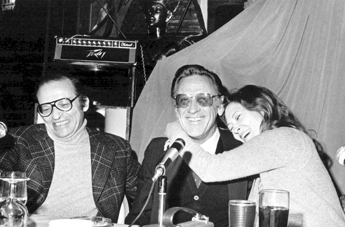 „Network“ (1976): Pressekonferenz mit dem Regisseur Sidney Lumet, William Holden und Faye Dunaway (von links)