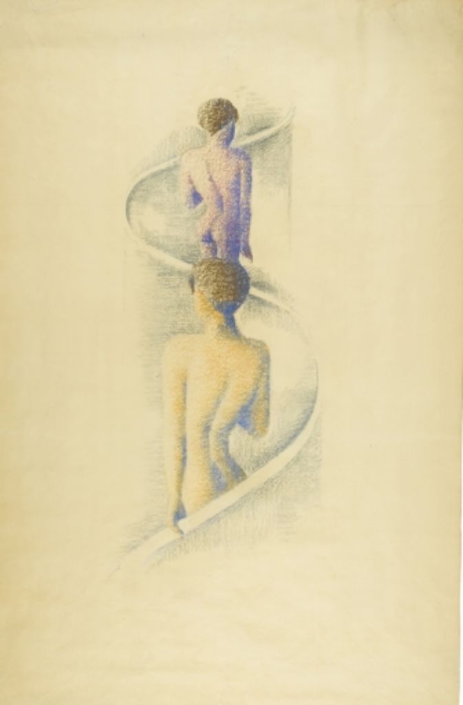 Oskar Schlemmer, Folkwang-Zyklus: Zwei Jünglinge an gewundenem Geländer, 1929/30 II. Fassung, Vorzeichnung zu Bild 1 Pastell über Kohle auf gelblichem Transparentpapier, 230,8 x 154 cm