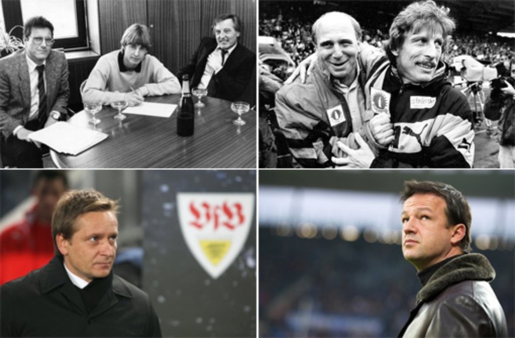 Von Ulrich Schäfer (links oben, ganz links) bis Fredi Bobic (rechts unten): Seit 1976 waren beim VfB Stuttgart neun Manager unter Vertrag (rechts oben: Dieter Hoeneß (links) mit Christoph Daum, links unten: Horst Heldt).