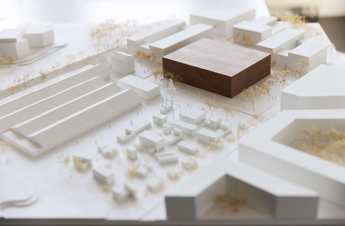 Modell des Wagenhallen-Areals, angefertigt von Ruben Mast. In Braun der Standort der Interimsoper.