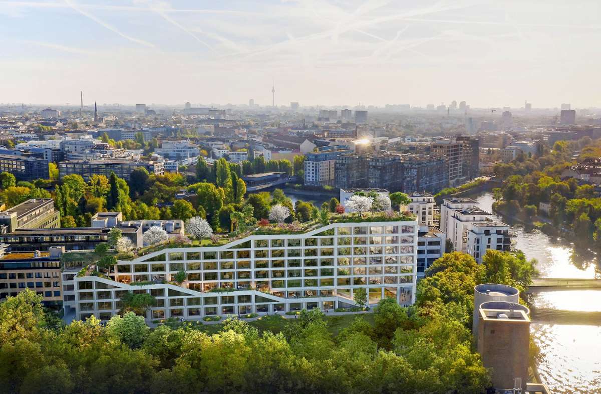 In Arbeit befindet sich dieses Projekt in Berlin. Almut Grüntuch-Ernst: „Ein Stadtbaustein, den man dann auch begehen kann. Auf den terrassierten Dächern entsteht ein Stadtpark“ . . .