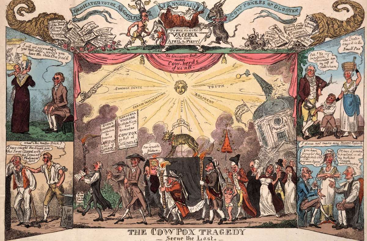 Impfgegner: Auf dieser satirischen Zeichnung aus dem Jahr 1812 wird die Vakzination schon wieder zu Grabe getragen.