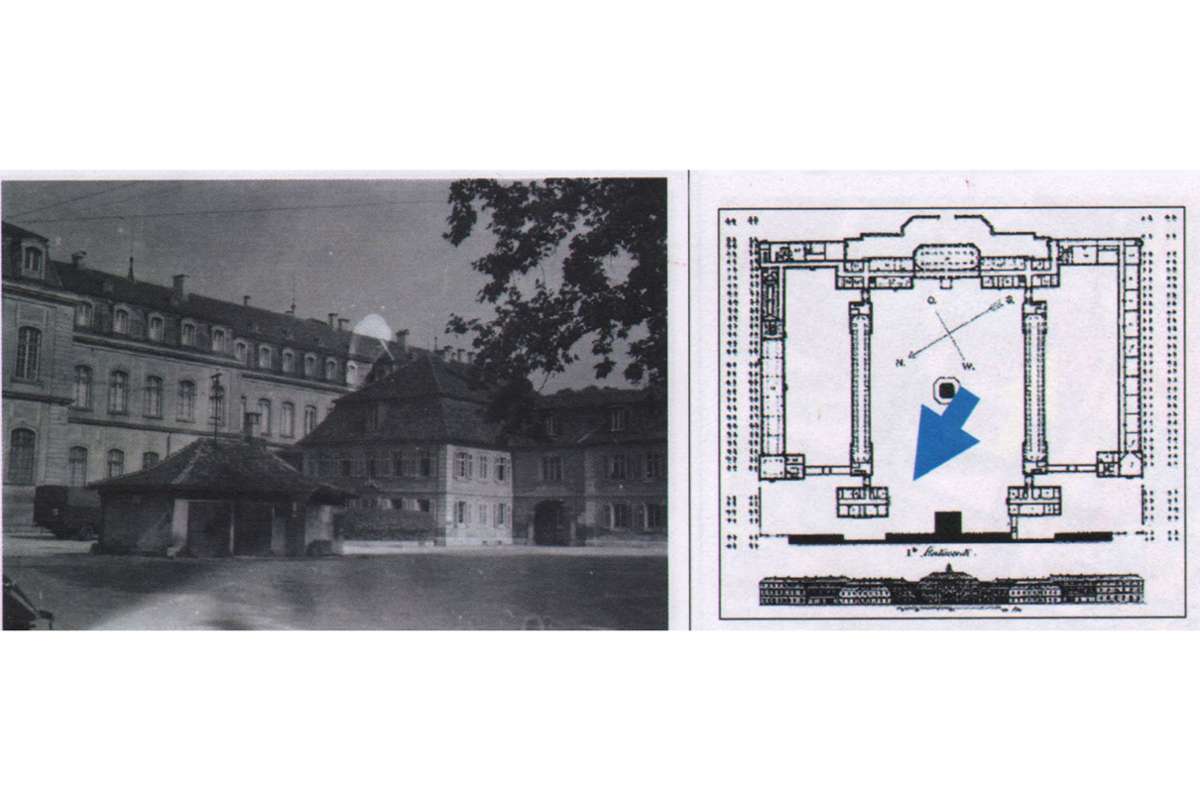 Blick vom Haupthof in Richtung Neues Schloss. Rechts liegt das Gebäude, in dem früher der Senat der Hohen Carlsschule tagte. Das kleine Häuschen wurde erst später in das Ensemble gesetzt.