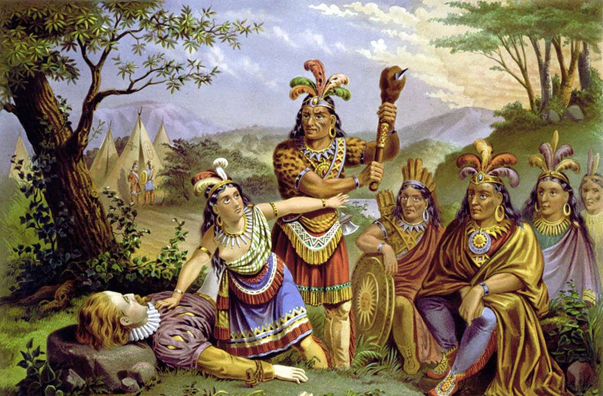 Die Errettung von John Smith durch Pocahontas - einen der vielen frei erfundenen bildlichen Darstellungen, due auf oft vielen Umwegen auf John Smiths späte, prahlersiche Memoiren zurückgehen.