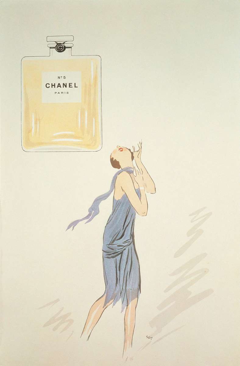 Ihr im Mai 1921 lanciertes Parfüm No. 5 macht Chanel zur Legende. Eine Lithografie (entstanden zwischen 1921 und 1924) des französischen Karikaturisten Sem.