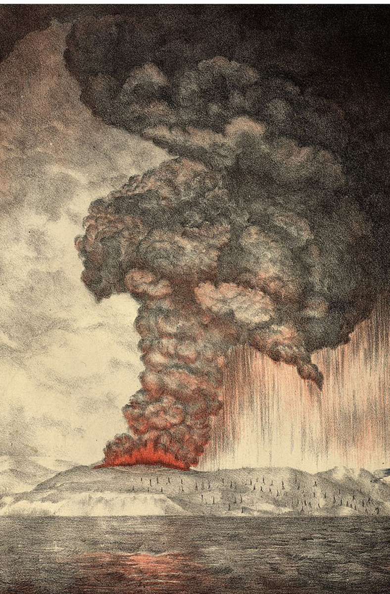 1883 n. Chr. Krakatau, Indonesien: 20 Quadratkilometer Asche und Gestein wurden bis in 25 Kilometer Höhe geschleudert. Dem Ausbruch folgten Tsunamis, fast 37 000 Menschen fanden den Tod (Ausbruch des ehemaligen Vulkans Krakatau im Jahre 1883 (Lithografie von 1888).