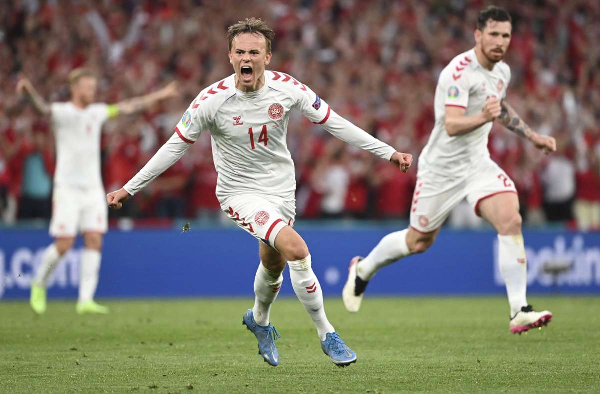 Mikkel Damsgaard traf zum 1:0 für Dänemark. Foto: dpa/Jonathan Nackstrand