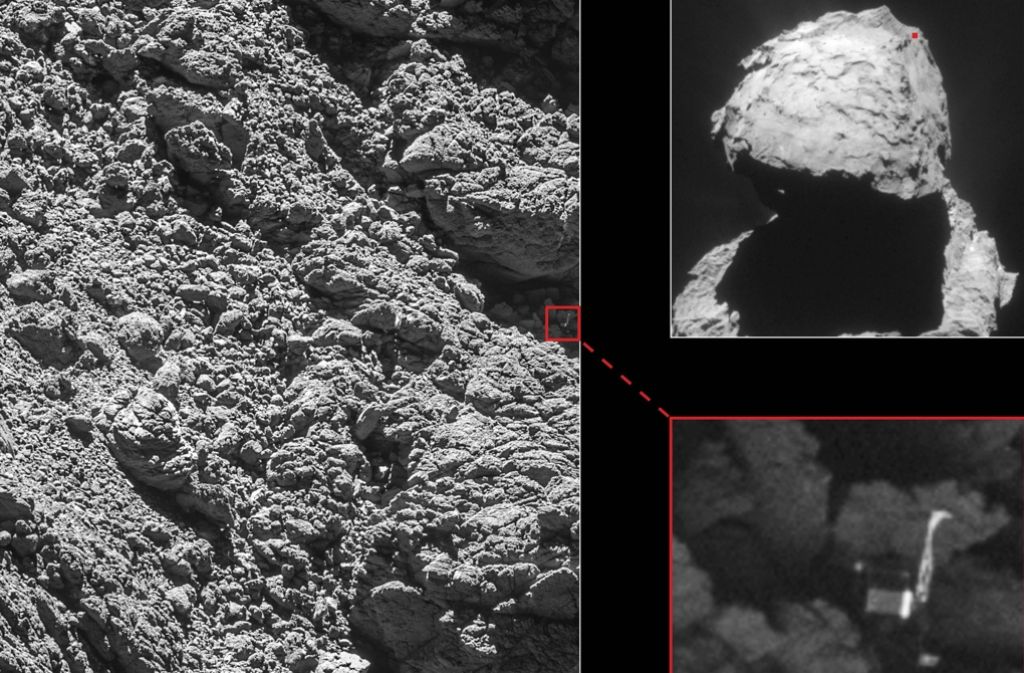 Die Fotos der Raumsonde Rosetta vom 5. September 2016 zeigen den Landeroboter Philae (kl. Bild re. unten), der auf dem Kometen Tschurj (Bild re. oben, kleiner roter Punkt) - in einer kleinen Felsspalte eingeklemmt ist (gr. Bild).