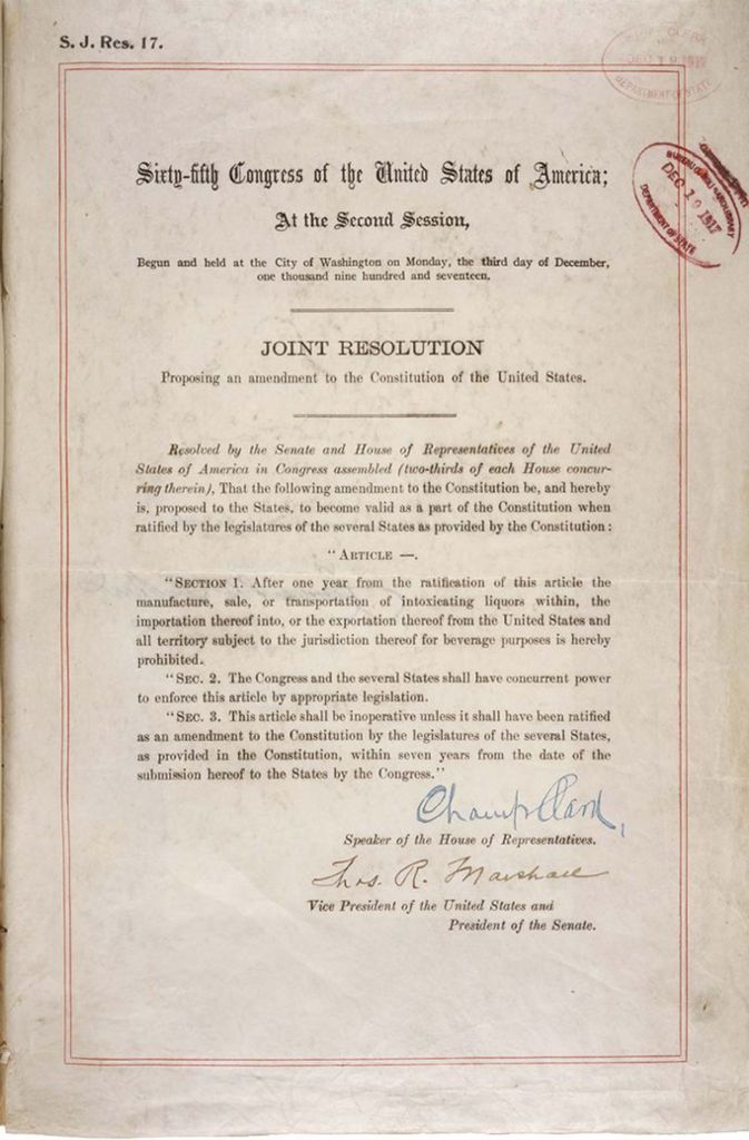 Der 18. Zusatz zur Verfassung der Vereinigten Staaten von Amerika (Eighteenth Amendment to the United States Constitution) diente der Einführung der Alkoholprohibition. Am 28. Oktober 1919 stimmt ihm der US-Kongress zu.