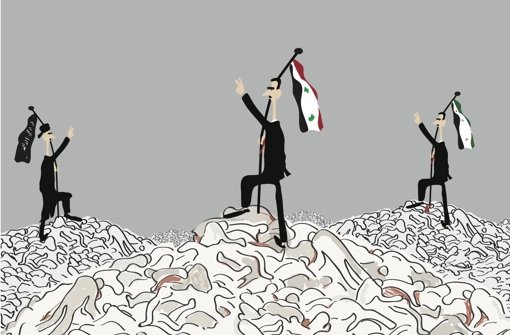 Im Kampf um Syrien gehen alle Kriegsparteien über Leichen – so sieht das der Karikaturist Khalid Albaih aus Katar. Links im Bild hissen Islamisten ihre Fahne, im Vordergrund ist der syrische Diktator Baschar al-Assad zu sehen, die Figur rechts im Bild hält die Fahne der Freien Syrischen Armee. Foto: Khalid Albaih