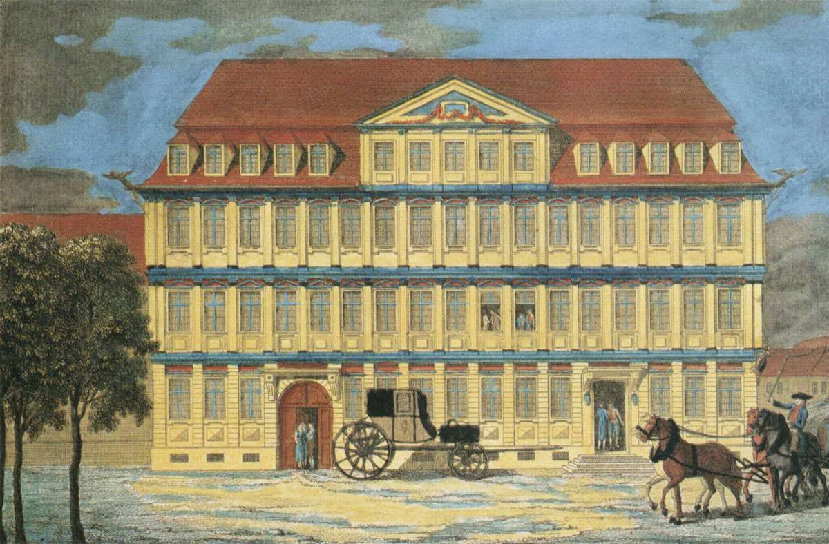 Dieser kolorierte Kupferstich zeigt den Gasthof „Zum König von England“ im Jahre 1798