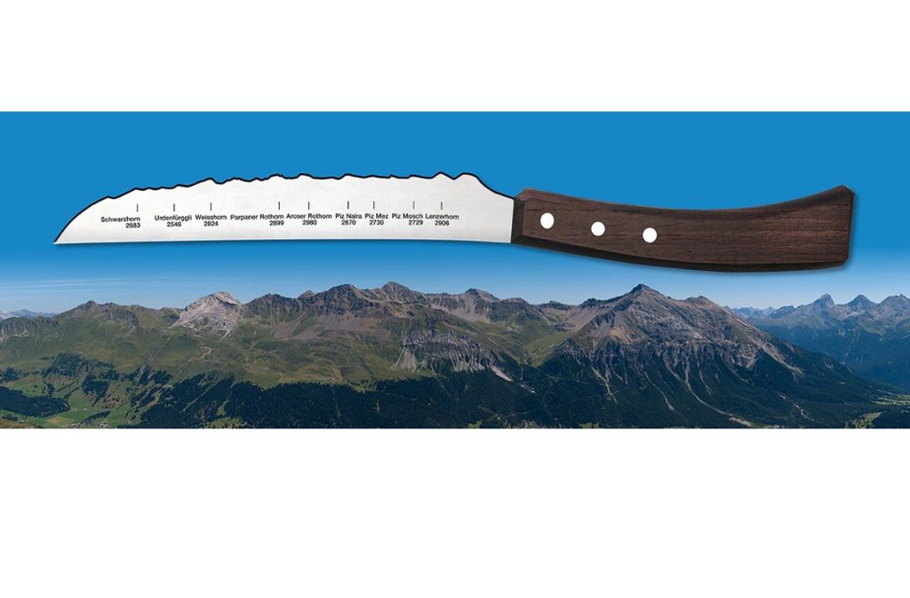 Damit schindet man bei der Brotzeit auf der Hütte Eindruck: ein Messer in Form der Mont-Blanc-Region oder der Berner Alpen – wo gibt’s denn sowas! Die Schweizer Firma Panoramaknife hat es erfunden.