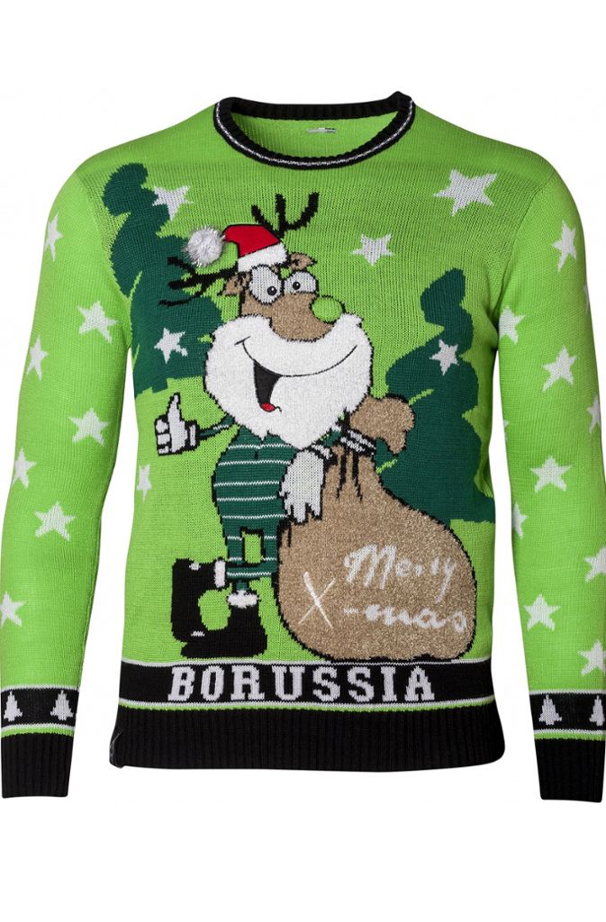 Borussia Mönchengladbach setzt auf die Vereinsfarben Grün und Schwarz. Statt Fohlen-Maskottchen „Jünter“ ist allerdings ein gut gelaunter Rentier-Weihnachtsmann auf dem „X-Mas“-Sweatshirt zu sehen.