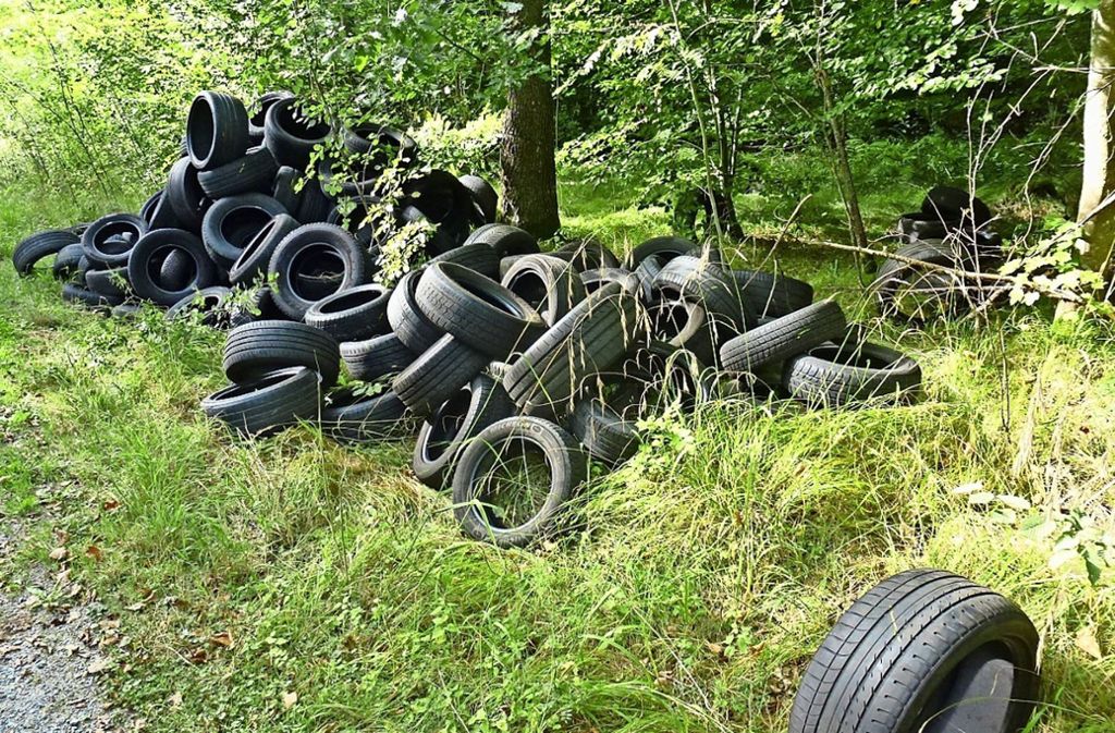 Im Wald wurden Reifen entsorgt. Foto: Polizei