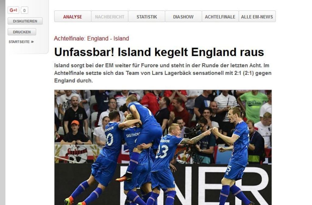 Spox.com titelt: „Unfassbar! Island kegelt England raus“