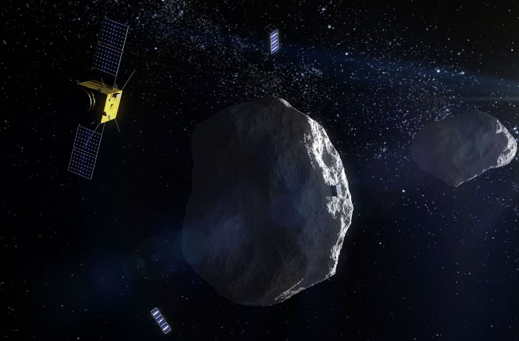 Eine derzeit im Rahmen des europäischen Raumfahrtprojekts Don Quijote diskutierte Idee: Raumsonden könnten einen Asteroiden auf seinem Kollisionskurs folgen und neueste Daten an die Erde senden.