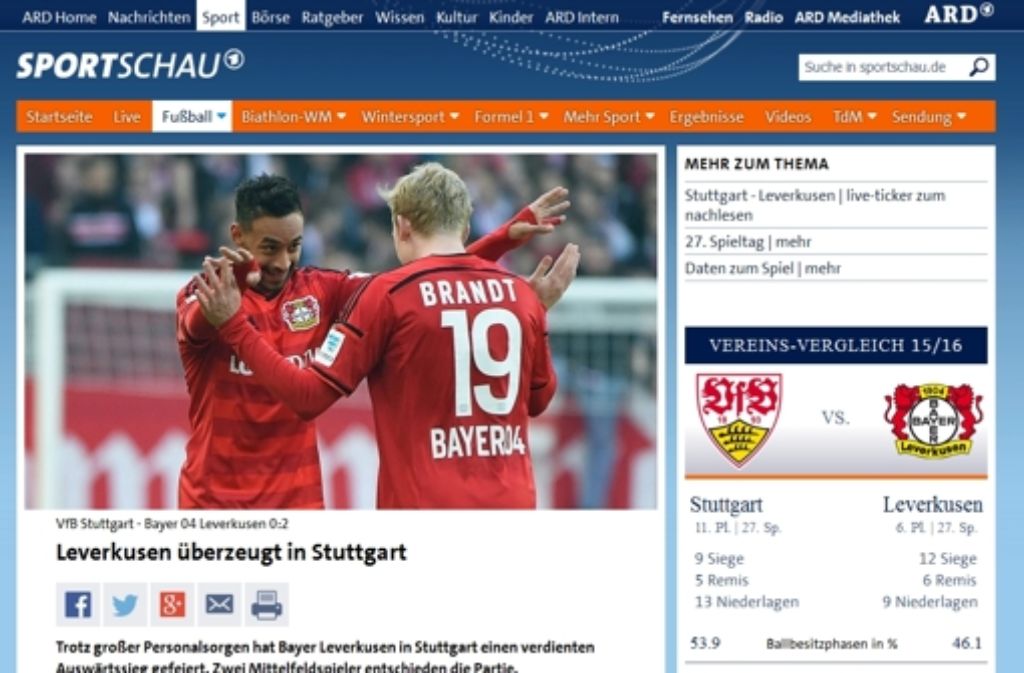Die „Sportschau“-Redaktion schreibt: „Durch die Niederlage haben sich für den VfB alle Träume von Europa erledigt, stattdessen ist bei nur fünf Punkten Vorsprung auf Platz 17 Abstiegskampf angesagt.“