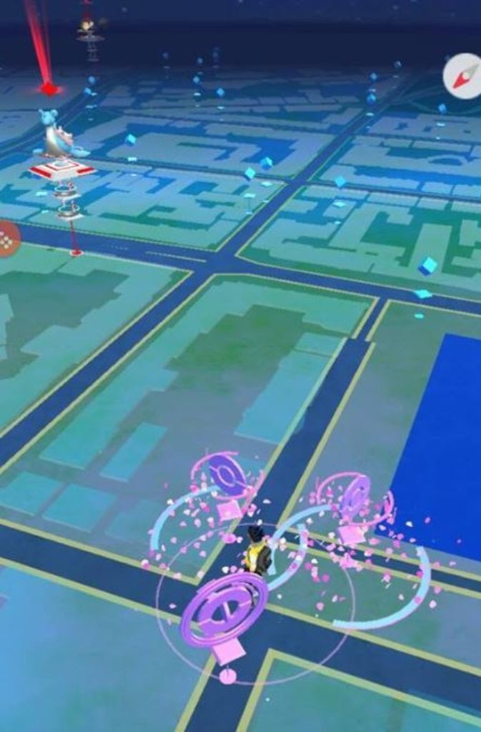 Ein Screenshot zeigt die drei Pokéstops rund um den Feuersee.