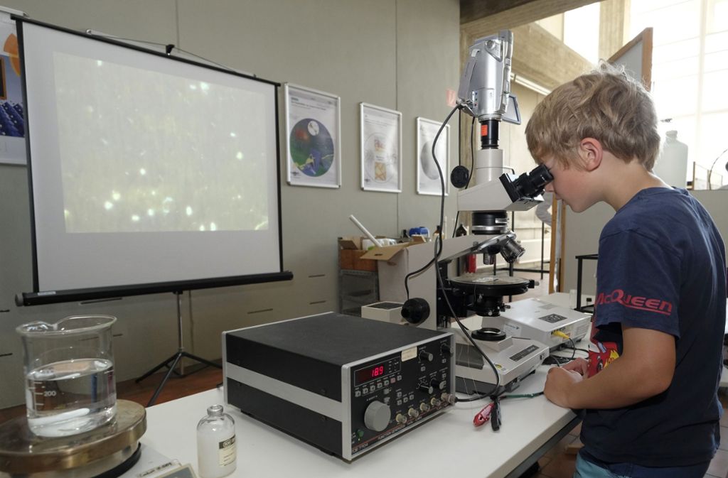 Dieser junge Mann schaut am Stand des Instituts für Organische Chemie in ein Mikroskop.