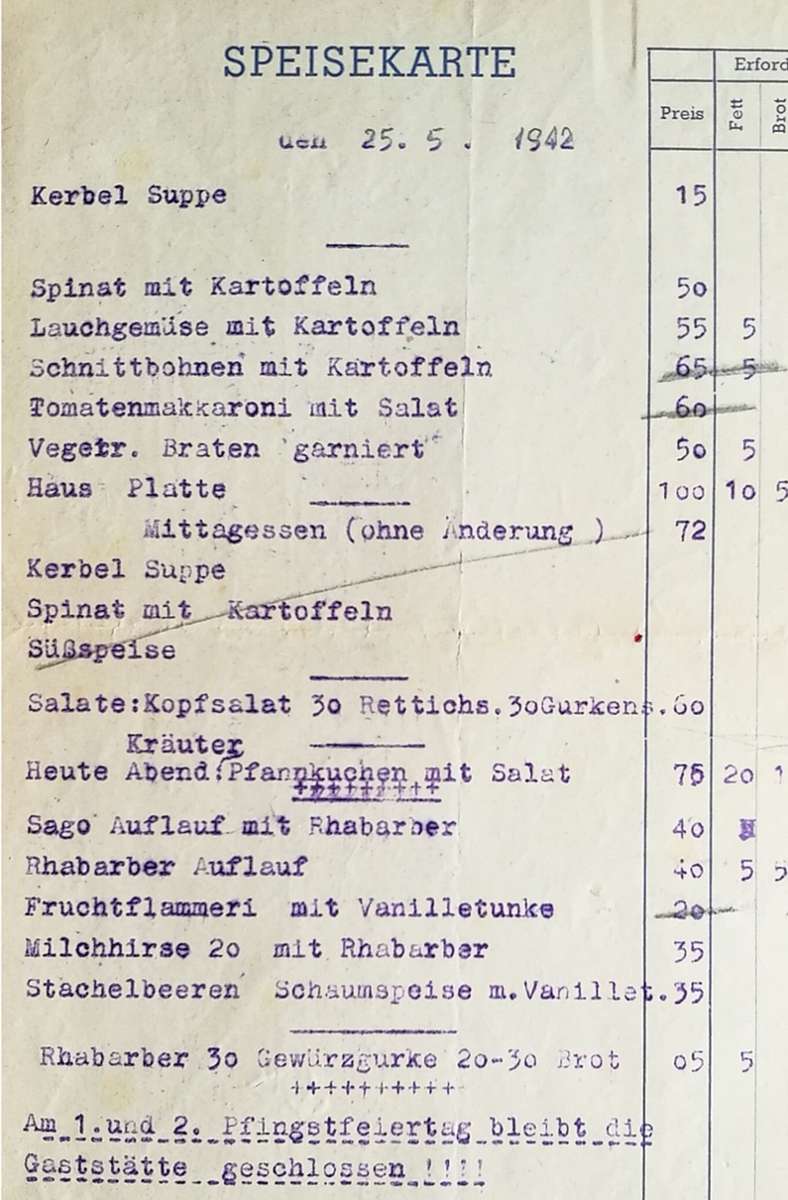 Die Speisekarte von 1942
